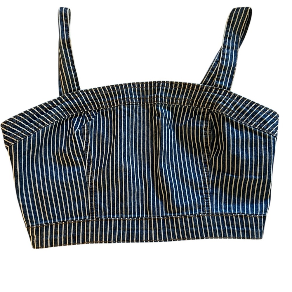 Forever 21 Blue Denim /White Pinstripe Crop Top Exposed Zipper Sz:M